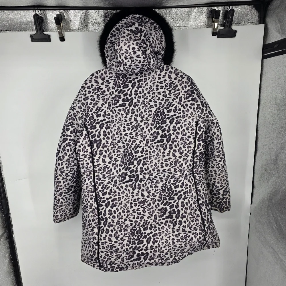 INTL DETAILS Leopard Puffer Coat Womens 1X Black Faux Fur Hood Winter Jacket - Picture 9 of 9